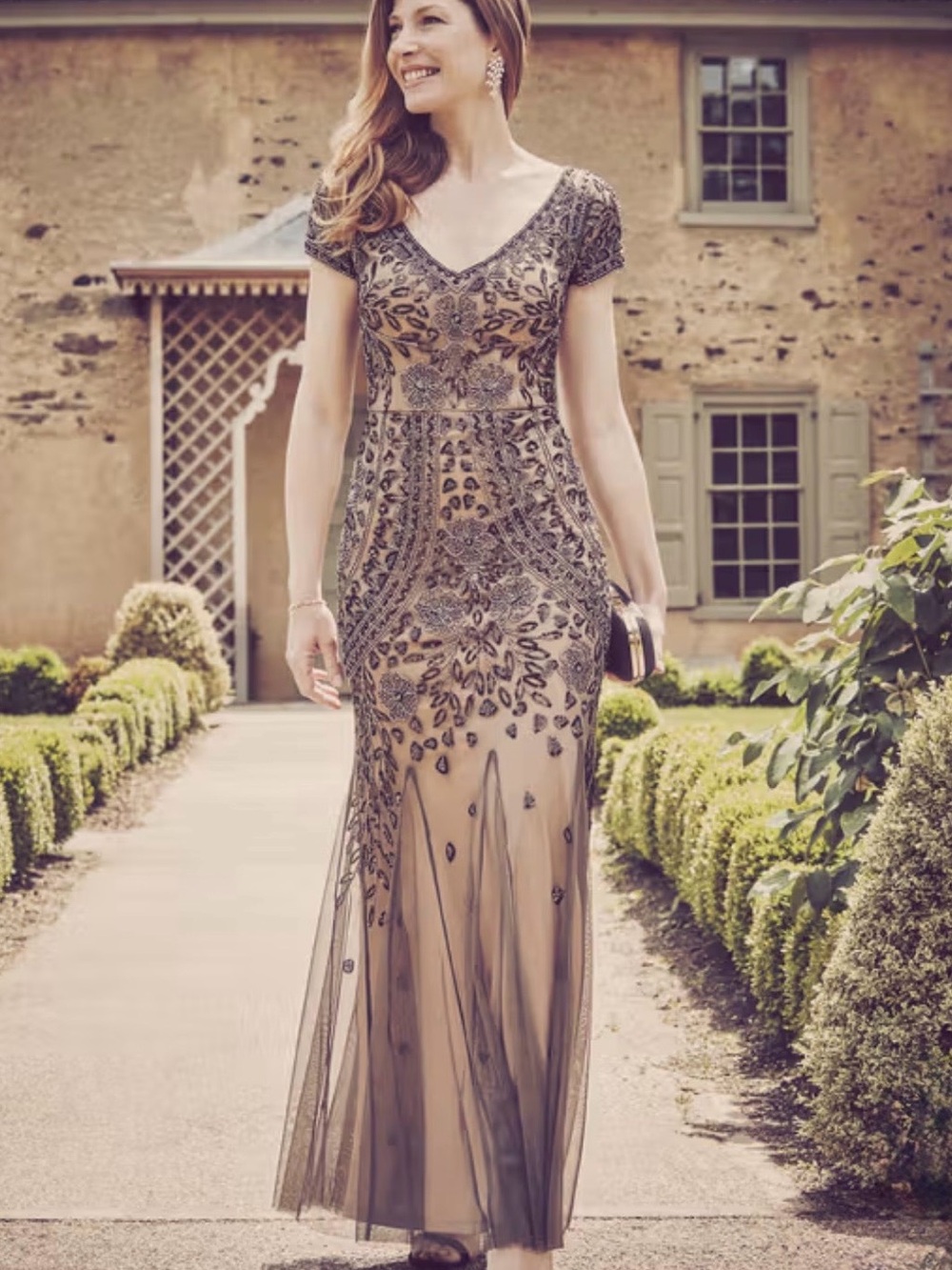 Oleg Cassini Gatsby Beaded & Sequin Mesh Evening Gown - Taupe Size 6